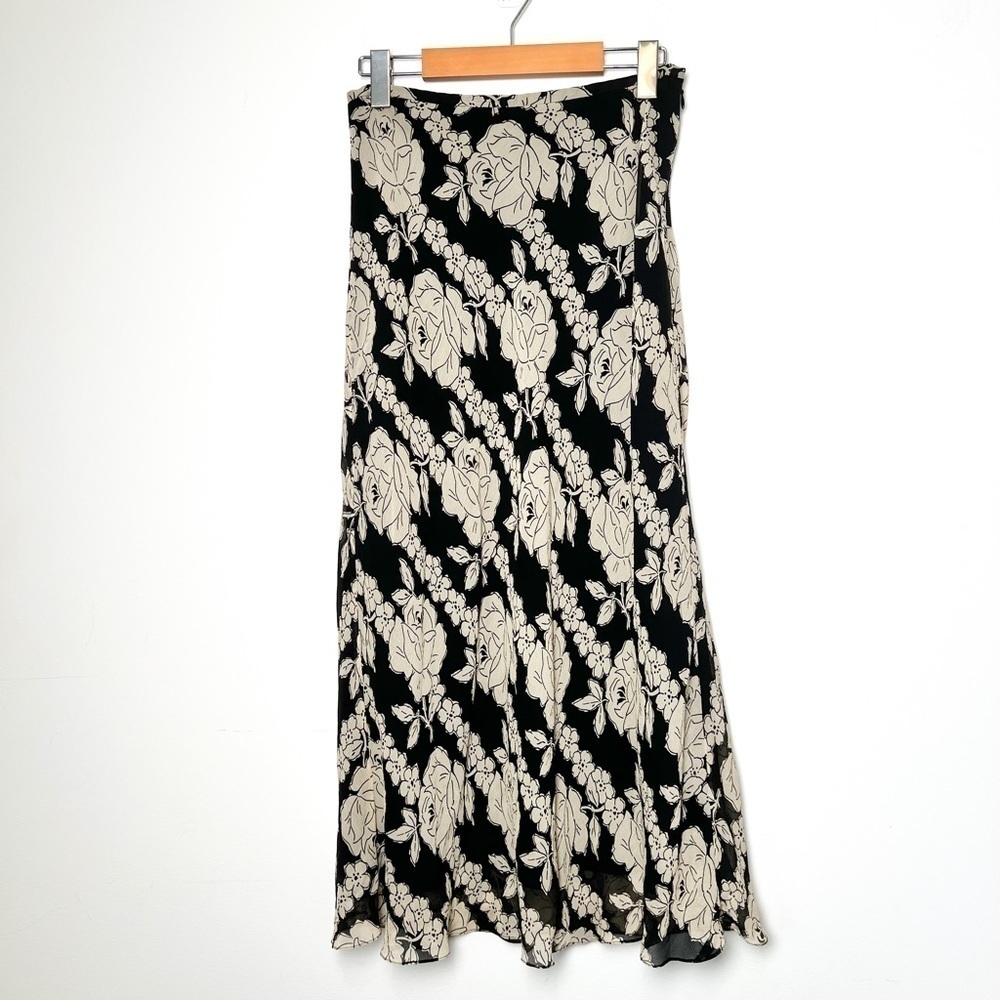 Ann Taylor Silk Floral Midi Fall Black Tan Skirt